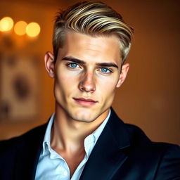 A handsome 21-year-old man with dark blonde hair, clean cut and styled neatly
