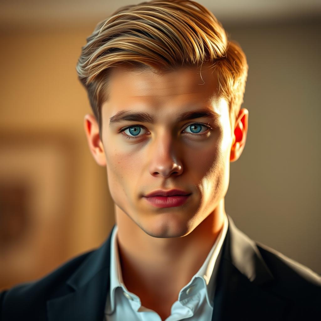 A handsome 21-year-old man with dark blonde hair, clean cut and styled neatly