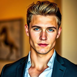 A handsome 21-year-old man with dark blonde hair, clean cut and styled neatly