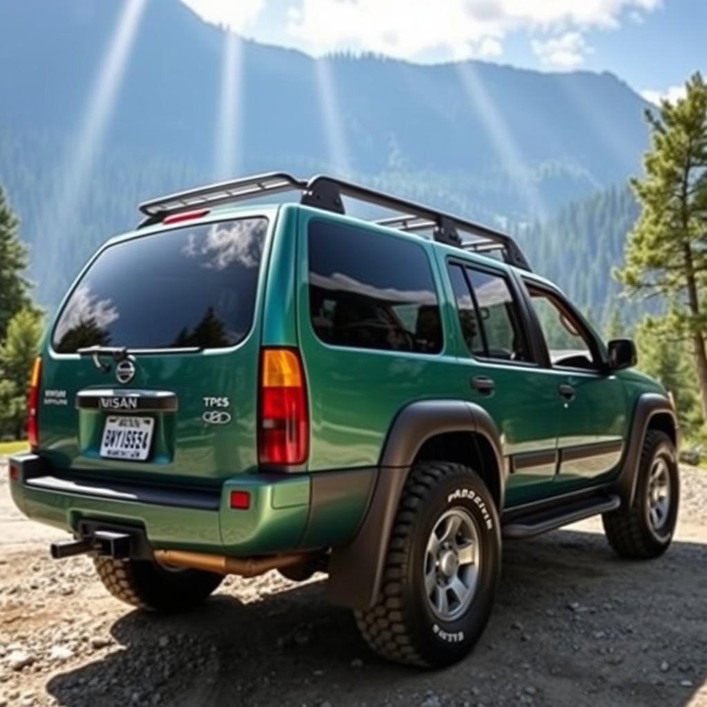 A 2001 Nissan Pathfinder, depicted in a stunning seaform green color, showcasing its OEM features and rugged aesthetic