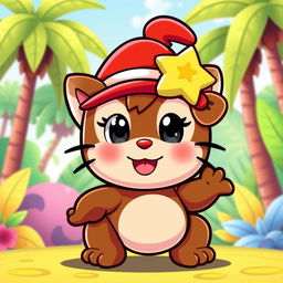 A cute and whimsical character design starring a character inspired by Diddy Kong, reimagined as a Hello Kitty-style figure