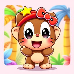 A cute and whimsical character design starring a character inspired by Diddy Kong, reimagined as a Hello Kitty-style figure