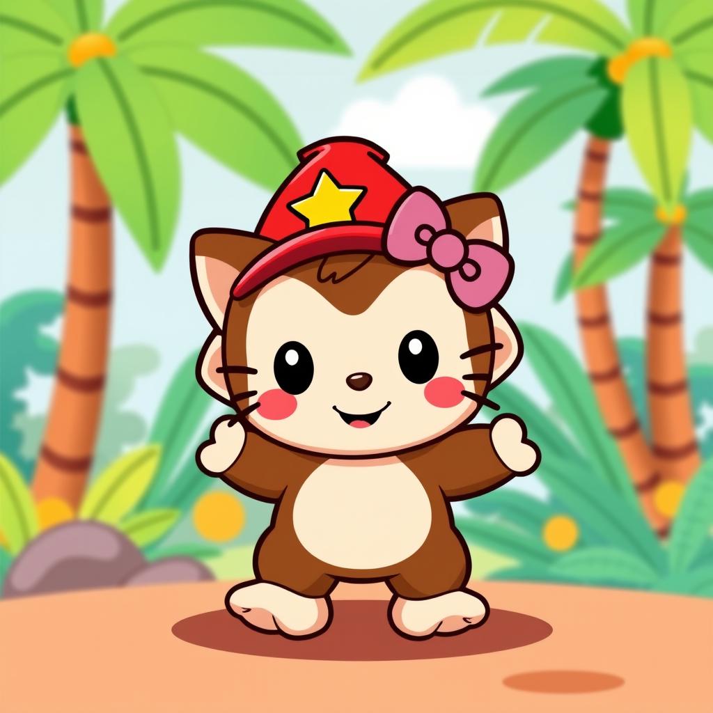 A cute and whimsical character design starring a character inspired by Diddy Kong, reimagined as a Hello Kitty-style figure