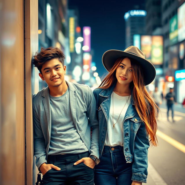 A dynamic scene featuring a young man with a stylish appearance, casually leaning against a wall, wearing a trendy outfit