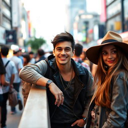 A dynamic scene featuring a young man with a stylish appearance, casually leaning against a wall, wearing a trendy outfit