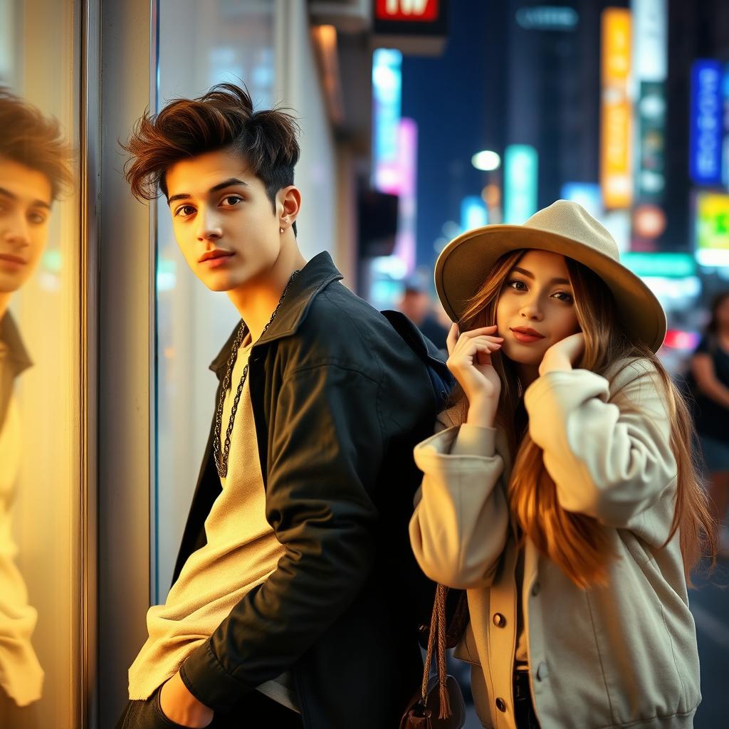 A dynamic scene featuring a young man with a stylish appearance, casually leaning against a wall, wearing a trendy outfit