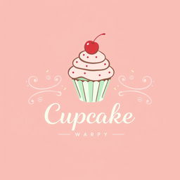 A charming logo design for a bakery specializing in cakes and sweets, featuring a whimsical cupcake illustration with a cherry on top