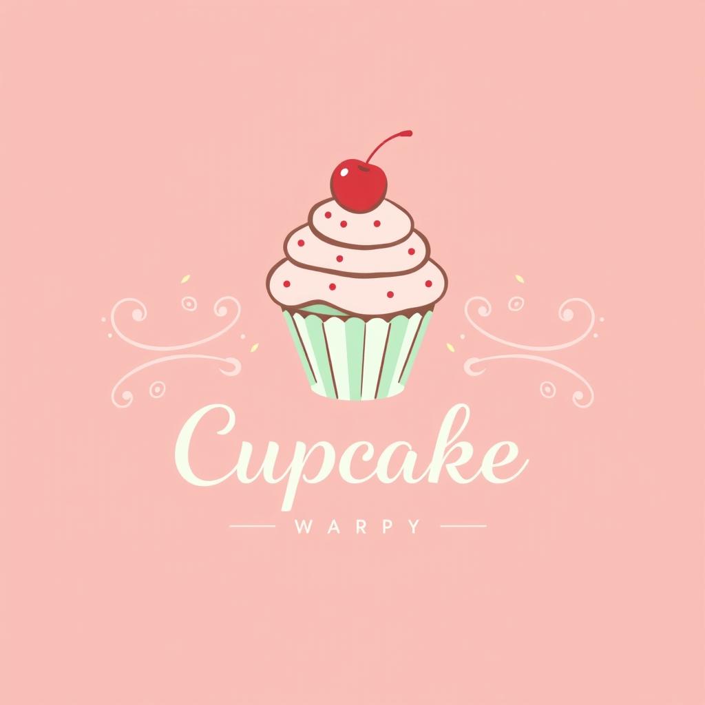 A charming logo design for a bakery specializing in cakes and sweets, featuring a whimsical cupcake illustration with a cherry on top