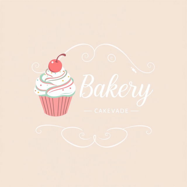 A charming logo design for a bakery specializing in cakes and sweets, featuring a whimsical cupcake illustration with a cherry on top