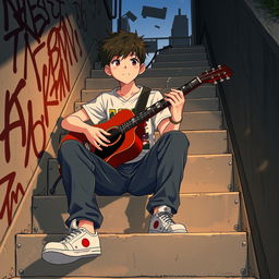 An anime-style illustration depicting a boy sitting on a stair, playing a guitar with a focused expression