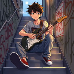 An anime-style illustration depicting a boy sitting on a stair, playing a guitar with a focused expression