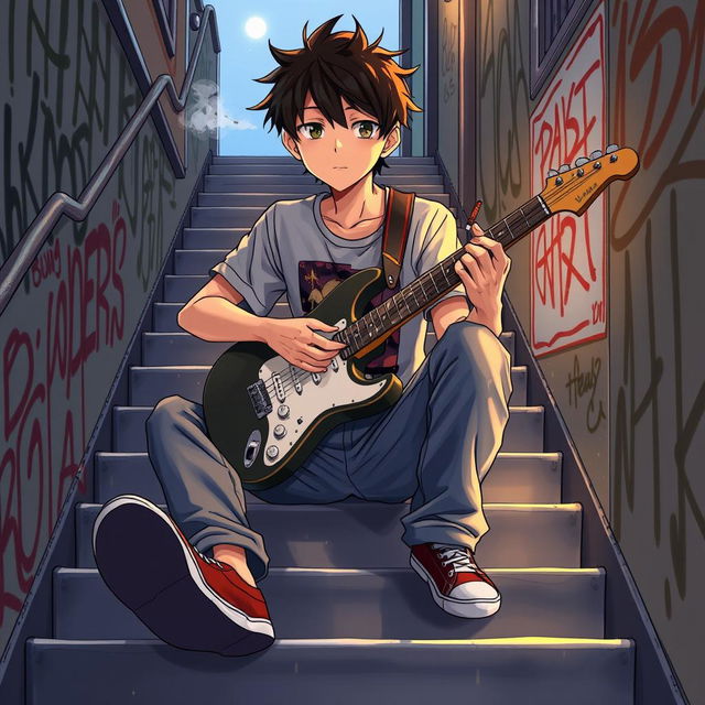 An anime-style illustration depicting a boy sitting on a stair, playing a guitar with a focused expression