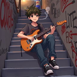 An anime-style illustration depicting a boy sitting on a stair, playing a guitar with a focused expression