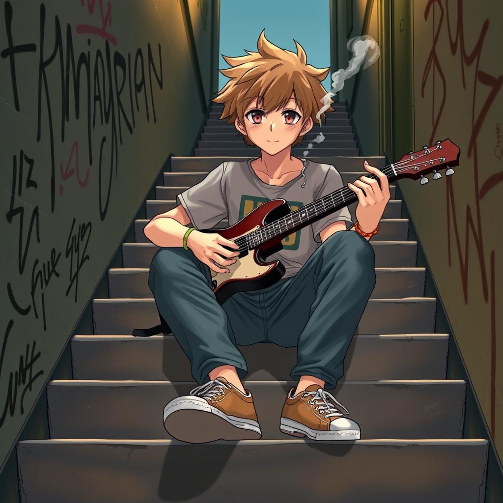 An anime-style illustration depicting a boy sitting on a stair, playing a guitar with a focused expression