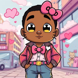 A whimsical and playful illustration of Sean John Combs, also known as Diddy, styled with a Hello Kitty filter