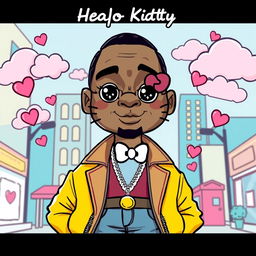 A whimsical and playful illustration of Sean John Combs, also known as Diddy, styled with a Hello Kitty filter