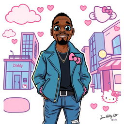 A whimsical and playful illustration of Sean John Combs, also known as Diddy, styled with a Hello Kitty filter