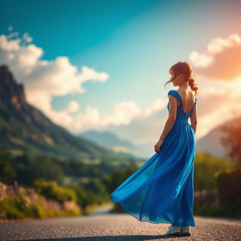 A scenic view featuring a girl in a blue dress standing gracefully on a road surrounded by picturesque landscapes