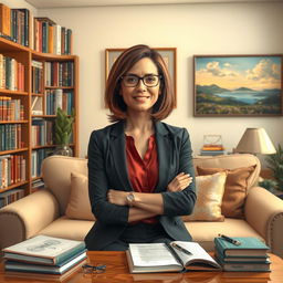A scene depicting a professional psychologist in her office, surrounded by bookshelves filled with psychology books and journals