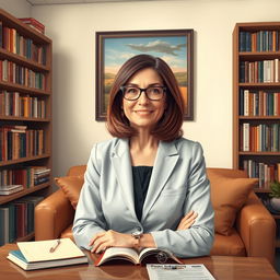 A scene depicting a professional psychologist in her office, surrounded by bookshelves filled with psychology books and journals