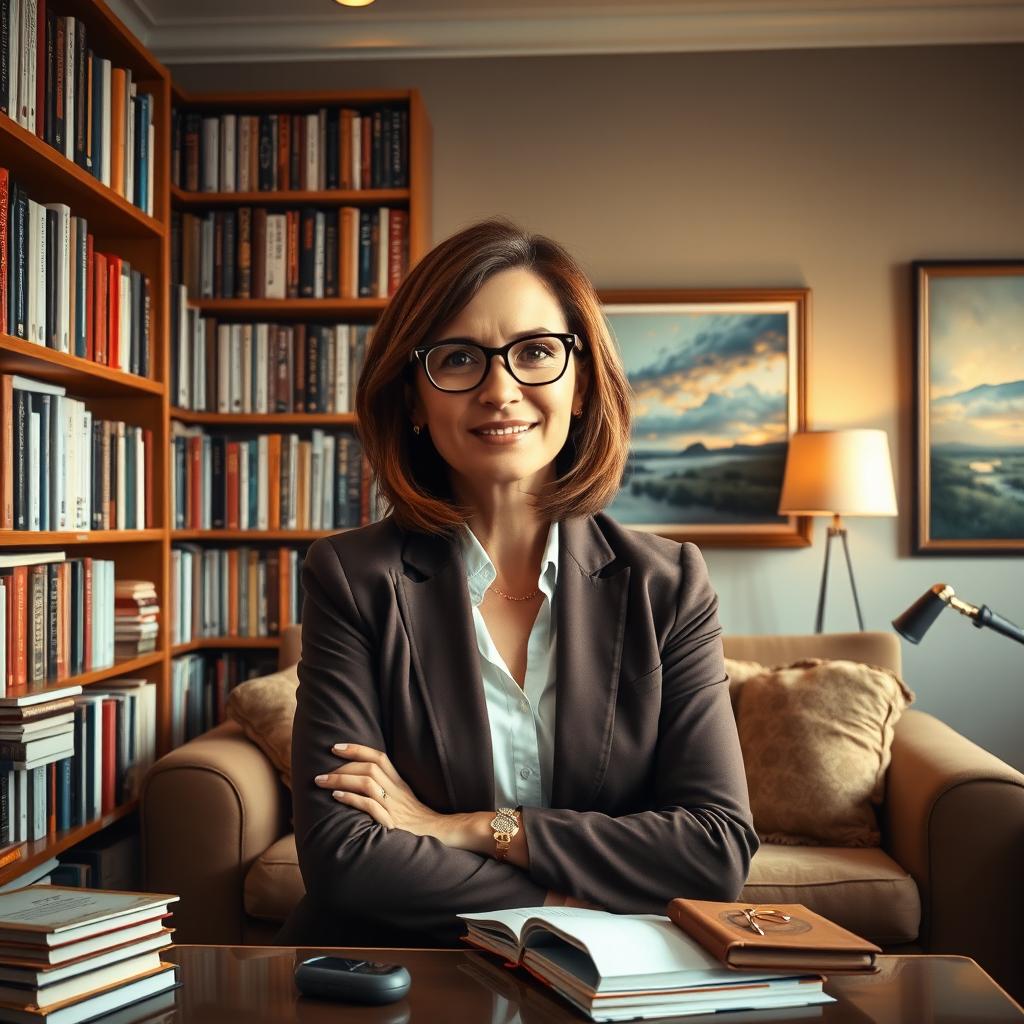 A scene depicting a professional psychologist in her office, surrounded by bookshelves filled with psychology books and journals