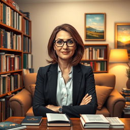 A scene depicting a professional psychologist in her office, surrounded by bookshelves filled with psychology books and journals