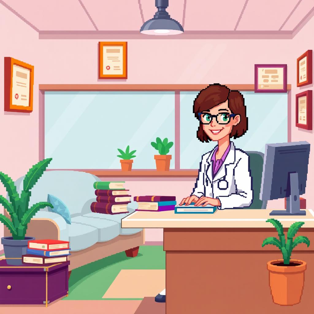 A pixel art depiction of a psychologist's office, featuring a friendly female psychologist with short brown hair and glasses, sitting at her desk with a stack of books and a computer