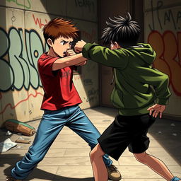 A scene depicting a dynamic fight between two boys in an urban environment