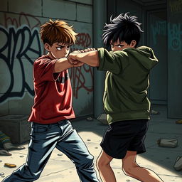 A scene depicting a dynamic fight between two boys in an urban environment