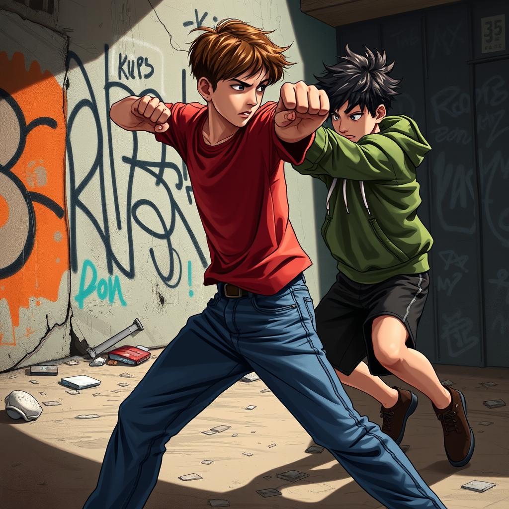 A scene depicting a dynamic fight between two boys in an urban environment