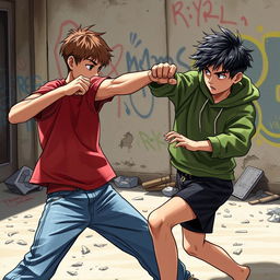 A scene depicting a dynamic fight between two boys in an urban environment