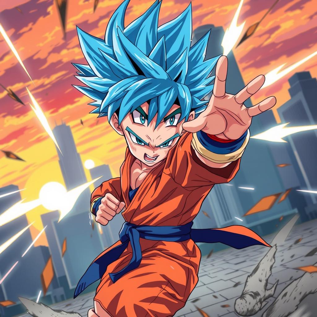 An action-packed scene depicting a young boy engaged in an intense fight, inspired by anime art style