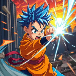 An action-packed scene depicting a young boy engaged in an intense fight, inspired by anime art style