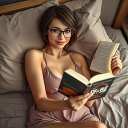 A sexy 32-year-old woman lying on a bed, holding a book in one hand while reading it