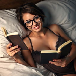A sexy 32-year-old woman lying on a bed, holding a small paperback book in one hand as she reads