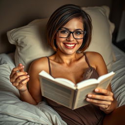 A sexy 32-year-old woman lying on a bed, holding a small paperback book in one hand as she reads