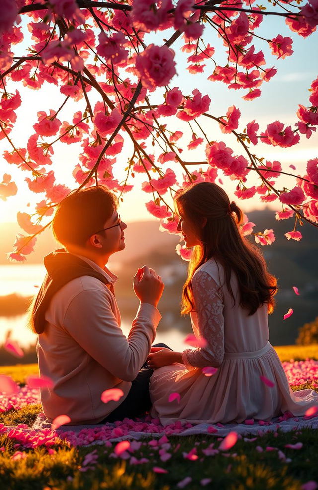 A beautiful and romantic scene depicting love and life, featuring a couple sitting under a flowering cherry blossom tree during sunset