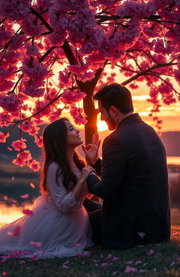 A beautiful and romantic scene depicting love and life, featuring a couple sitting under a flowering cherry blossom tree during sunset