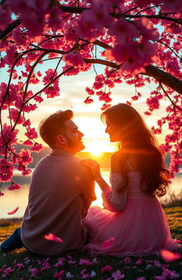 A beautiful and romantic scene depicting love and life, featuring a couple sitting under a flowering cherry blossom tree during sunset
