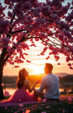 A beautiful and romantic scene depicting love and life, featuring a couple sitting under a flowering cherry blossom tree during sunset