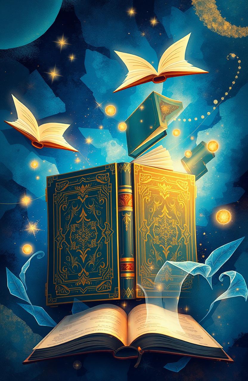 A visually striking and imaginative illustration of the cover of a book, featuring an abstract and mystical background that conveys the theme of knowledge and adventure