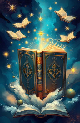 A visually striking and imaginative illustration of the cover of a book, featuring an abstract and mystical background that conveys the theme of knowledge and adventure
