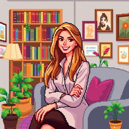 A pixel art depiction of a beautiful psychologist with long flowing hair and a friendly smile, sitting in her charming office
