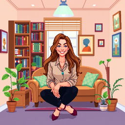 A pixel art depiction of a beautiful psychologist with long flowing hair and a friendly smile, sitting in her charming office