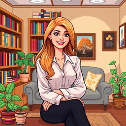 A pixel art depiction of a beautiful psychologist with long flowing hair and a friendly smile, sitting in her charming office
