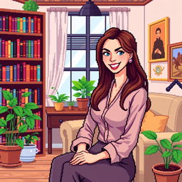 A pixel art depiction of a beautiful psychologist with long flowing hair and a friendly smile, sitting in her charming office