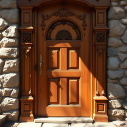 A beautifully crafted wooden door, showcasing intricate carvings and a rich, warm brown finish