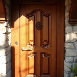A beautifully crafted wooden door, showcasing intricate carvings and a rich, warm brown finish