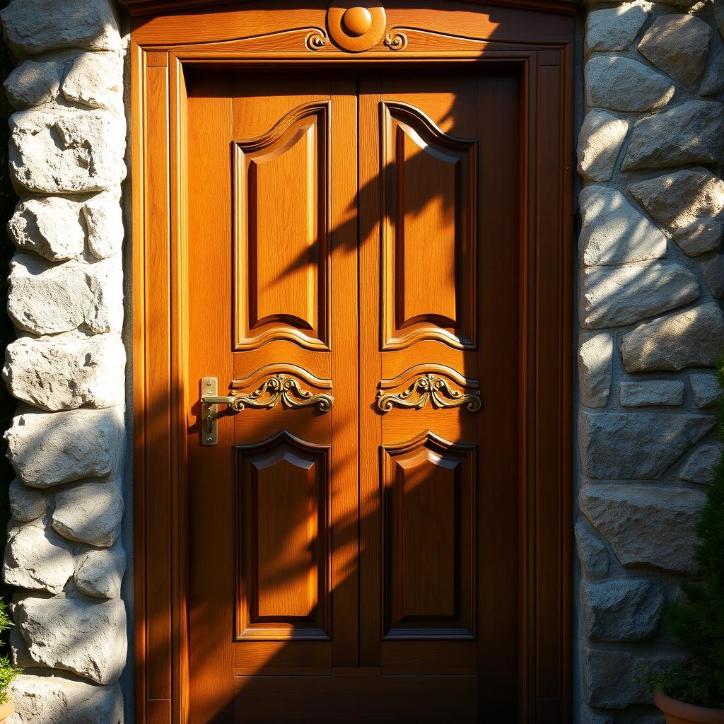 A beautifully crafted wooden door, showcasing intricate carvings and a rich, warm brown finish