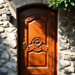A beautifully crafted wooden door, showcasing intricate carvings and a rich, warm brown finish